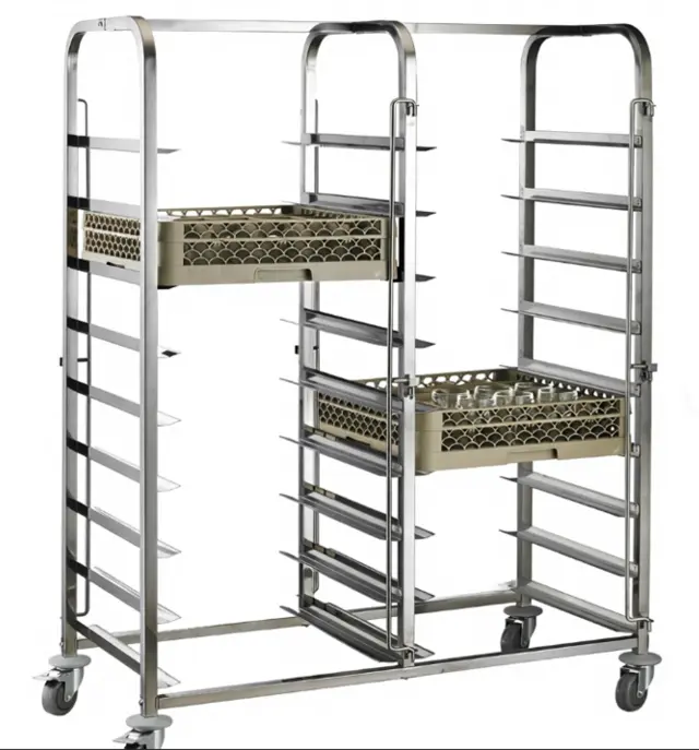Geidervogn for oppvaskkurver, dobbel Plass til 9+9 stk oppvaskkurver 50x50cm 