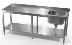 Rustfri benk med 5cm oppkant bak Inkludret vulstkant samt underhylle.