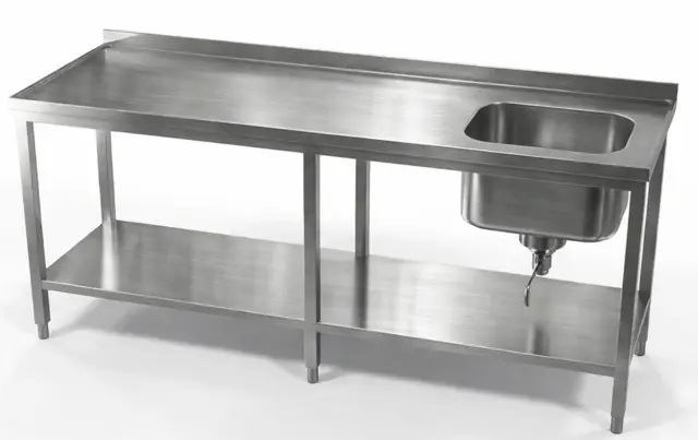 Rustfri benk med 5cm oppkant bak Inkludret vulstkant samt underhylle. 