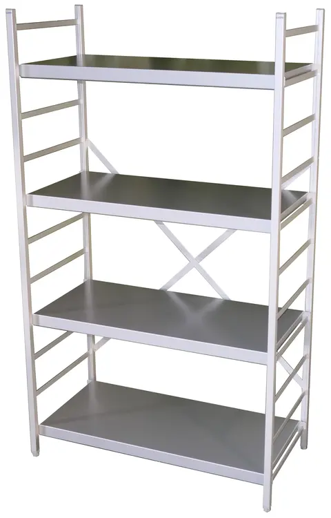 Rustfri hyllereol med 4 hyller 60 cm dybde, tette hyller