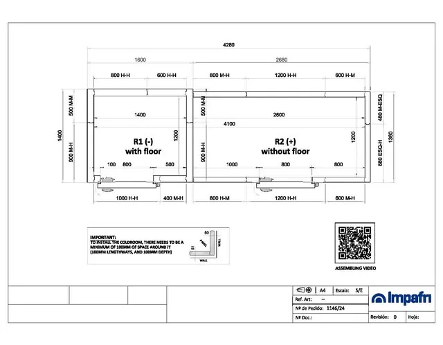 Kombinert kjøle og fryserom med gulv. LxDxH=4280x1400x2120mm 