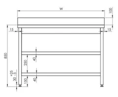 Rustfri benk oppkant bak, to underhyller BxDxH: 60x70x85cm 