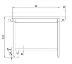 Rustfri benk med oppkant en underhylle BxDxH: 140x70x85cm 