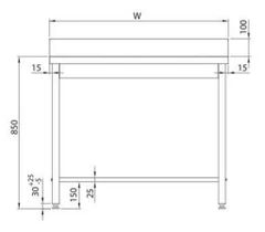 Rustfri benk med oppkant uten underhylle BxDxH: 180x70x85cm 