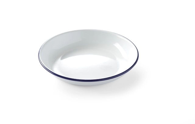 Suppetallerken, Ø18 cm Emaljert stål med blå kant 