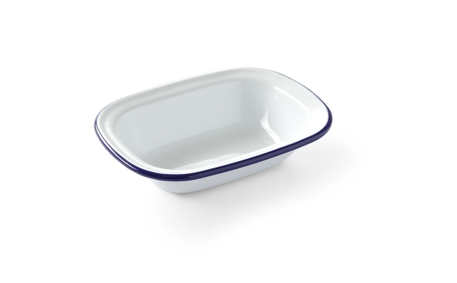 Skål rektangulær, 17,5x13 cm Emaljert stål med blå kant 